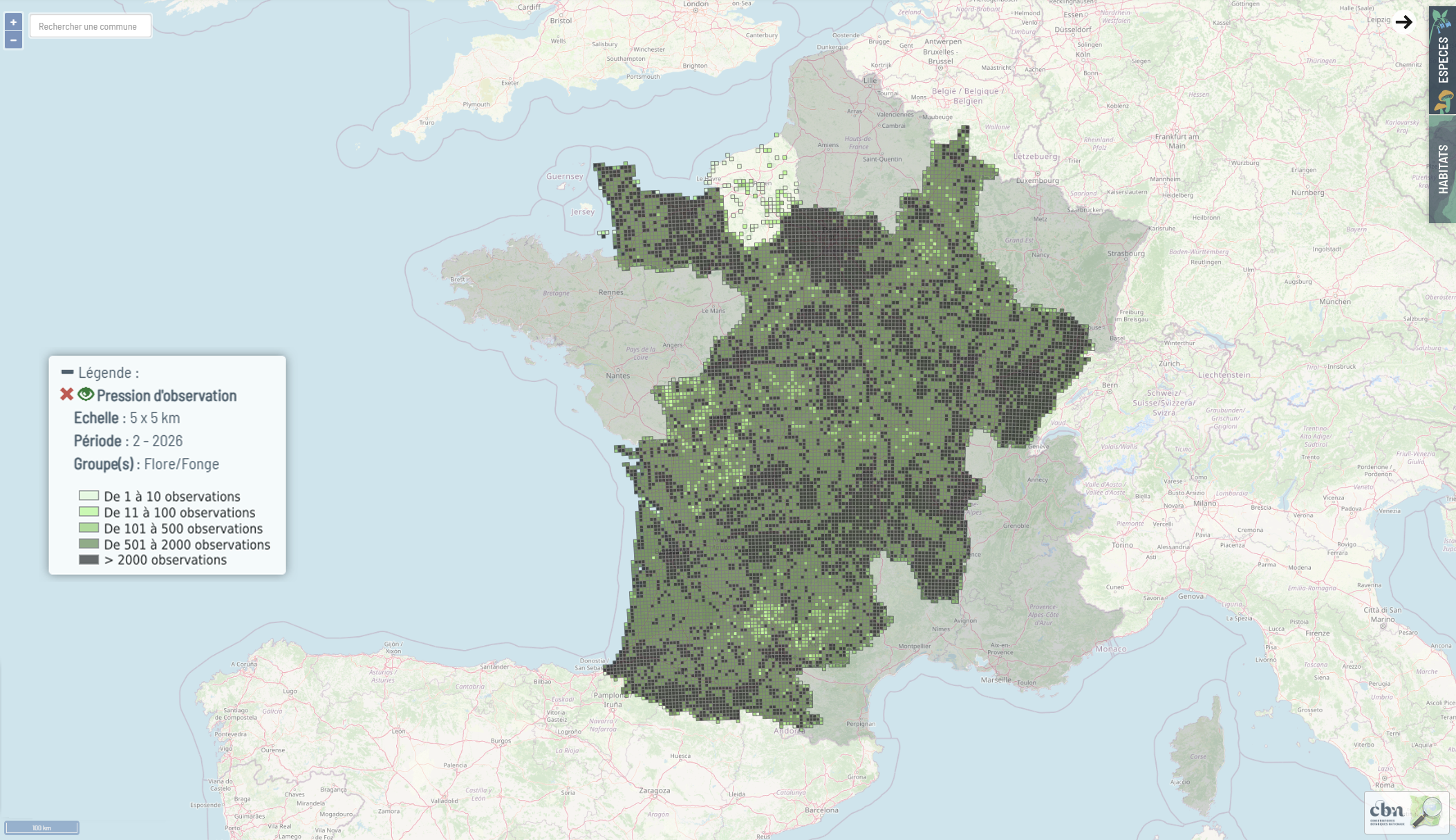 Carte nombre d'observation - Lobelia CBN