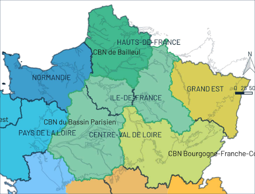 Territoire d'agrément du CBN du Bassin parisien avec les 4 bassins hydrographiques